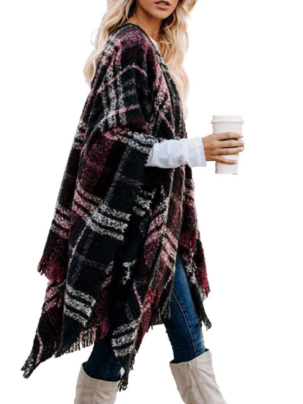 Women's Boho Open Front Poncho Cardigan Plaid Shawl Wrap Cape
